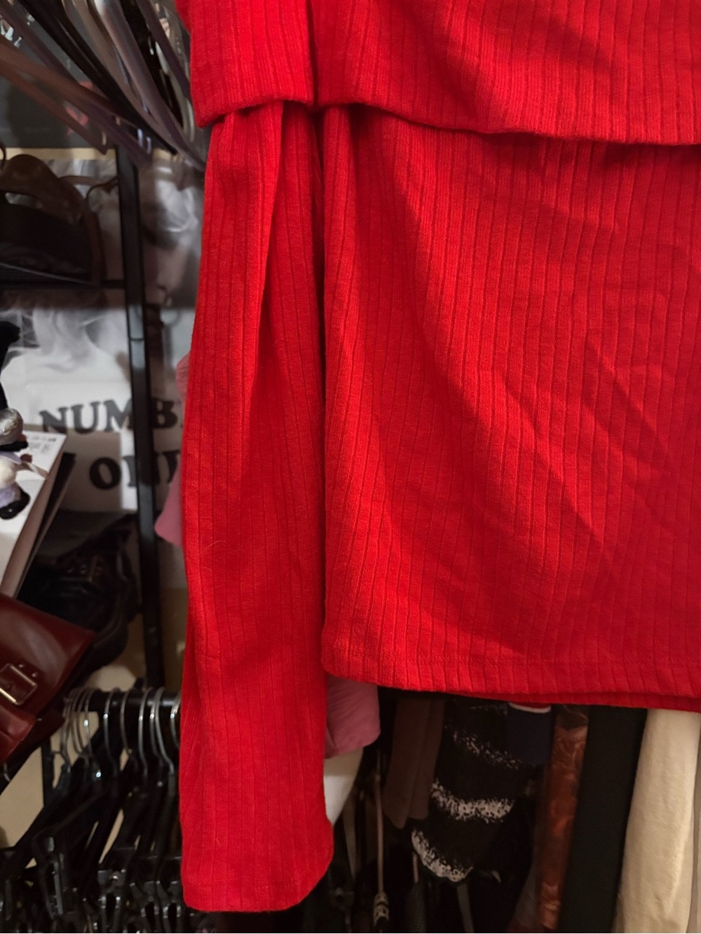 Red Off-Shoulder Ribbed Long Sleeve Top - Picture 2 of 5